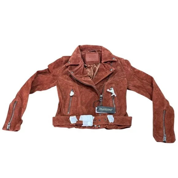 Blank NYC XS Rust Suede Leather Moto‎ Biker Jacket Zip Up Belted Womens NWT - Picture 2 of 13